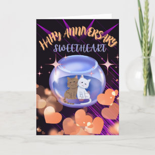 Lila Neon Heart Cat Wedding Jubiläum Dankeskarte
