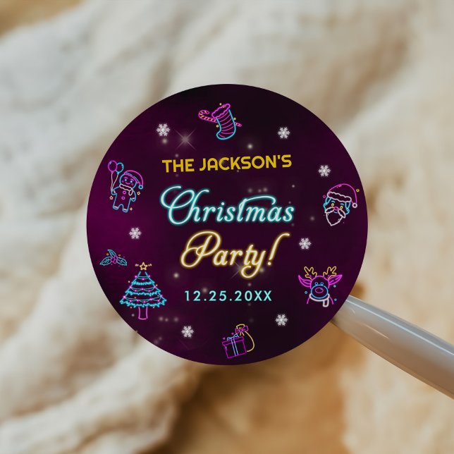 Lila Neon Modern Holiday Weihnachten Party Runder Aufkleber (Von Creator hochgeladen)