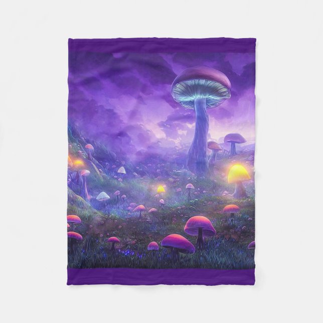 Lila Neon Mushrooms Fleece Blanket (Vorderseite)
