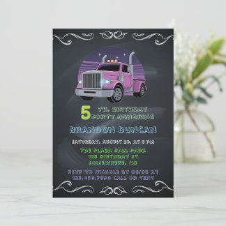 Lila Neon Trucks 5. Geburtstagsparty Einladung
