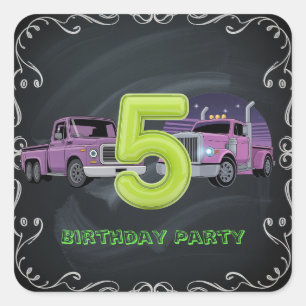 Lila Neon Trucks 5. Geburtstagsparty Quadratischer Aufkleber