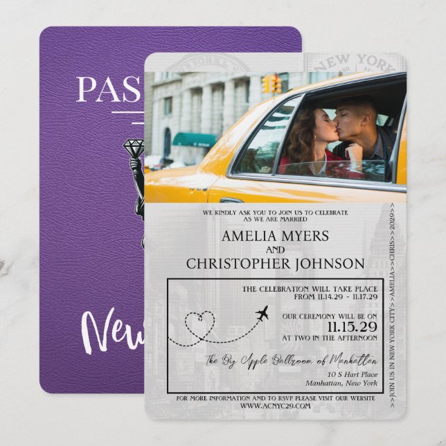 Lila New York City Passport-Hochzeit Einladung (Vorne/Hinten)