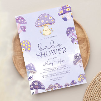 Lila Niedliche Mushroom-Babydusche Einladung