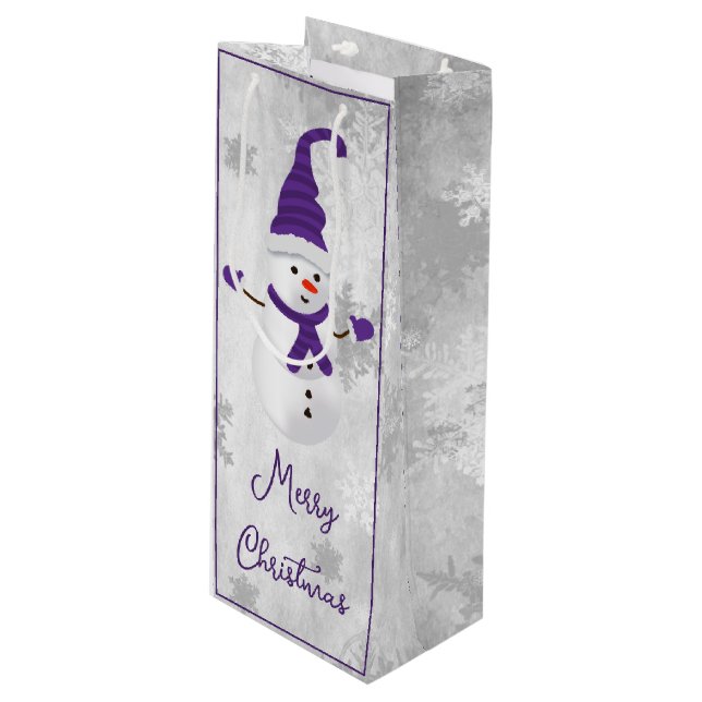 Lila Niedliche Snowman Holiday Wine Geschenktasche Geschenktüte Für Weinflaschen (Vorderseite Schrägansicht)