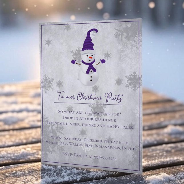 Lila Niedliche Snowman Weihnachts-Party Einladung (Purple Cute Snowman Christmas Party Invitation)