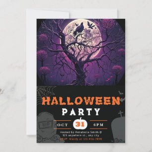 Lila Night Full Moon Black Bird Black Halloween Einladung