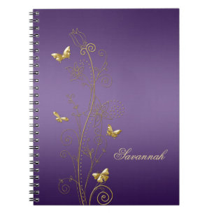 Lila Notizbücher mit goldenen Blumen Schmetterling