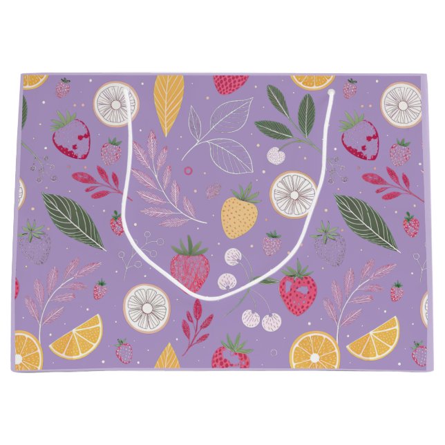 "Lila Obst- und Leaf-Muster-Geschenktüte" Große Geschenktüte (Vorderseite)