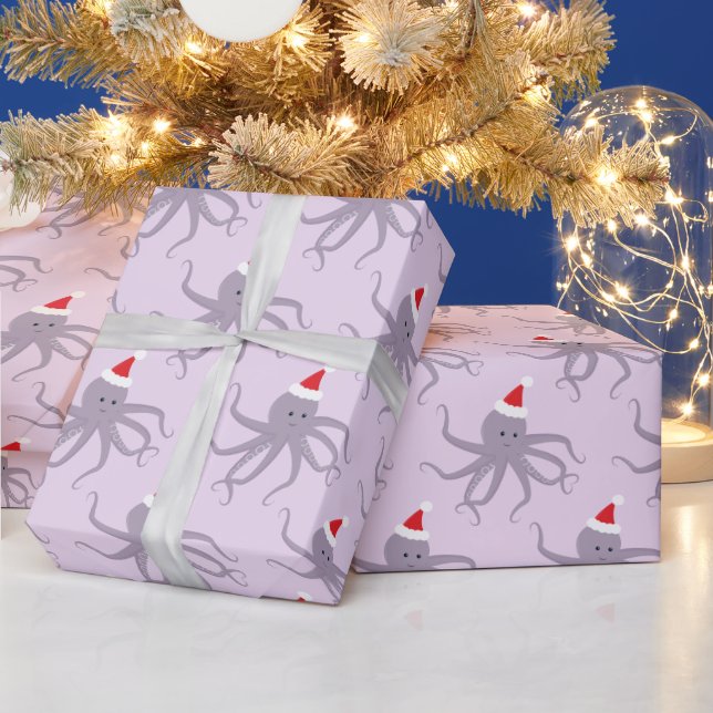 Lila Oktopus in der Weihnachtsmannmütze Weihnachte Geschenkpapier (Feiertage)