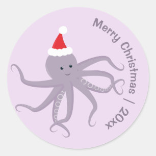 Lila Oktopus Weihnachten Runder Aufkleber