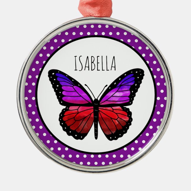 Lila Ombre Butterfly Polka Dot Personalisiert Ornament Aus Metall (Vorne)
