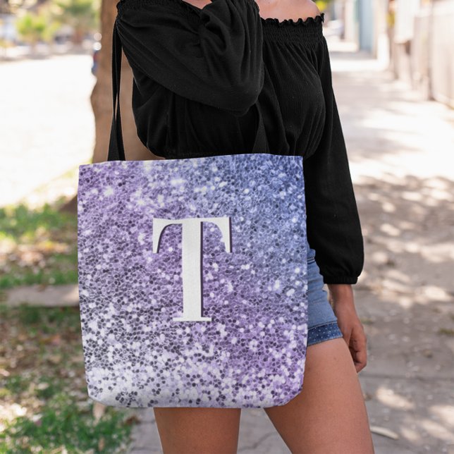 Lila Ombre Chunky Glitzer Mit Monogramm (Purple Periwinkle Ombre Chunky Glitter Monogram Tote Bag)