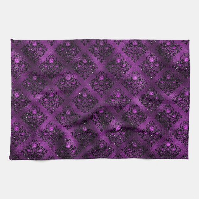 Lila Ombre Glam Glitzer Damask Muster Geschirrtuch (Horizontal)