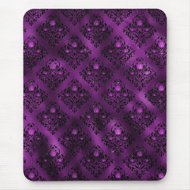 Lila Ombre Glam Glitzer Damask Muster Mousepad (Vorne)