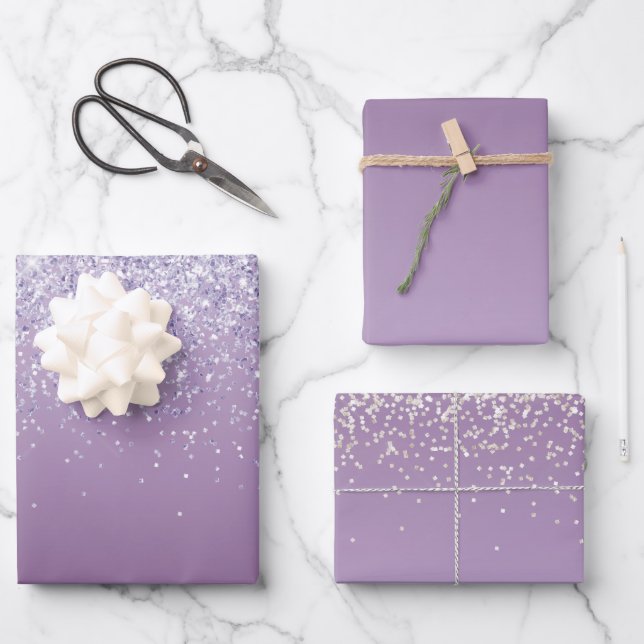 Lila Ombre-Glitzer Geschenkpapier Set (Vorderseite)