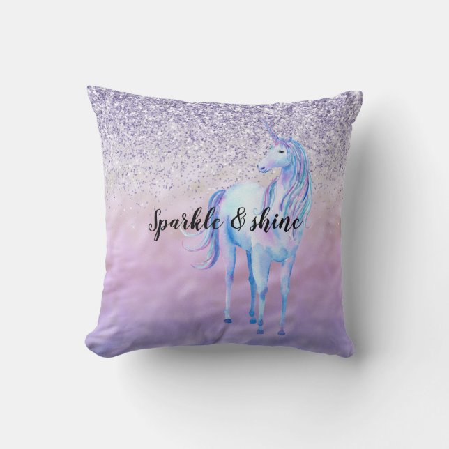 Lila Ombre Glitzer Unicorn Kissen (Vorderseite)