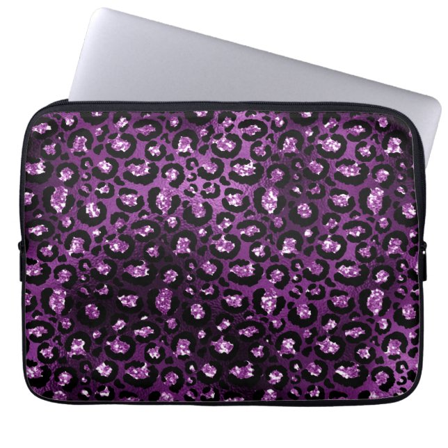 Lila Ombre- und Black Glam Glitzer Leopard Spots Laptopschutzhülle (Vorderseite)
