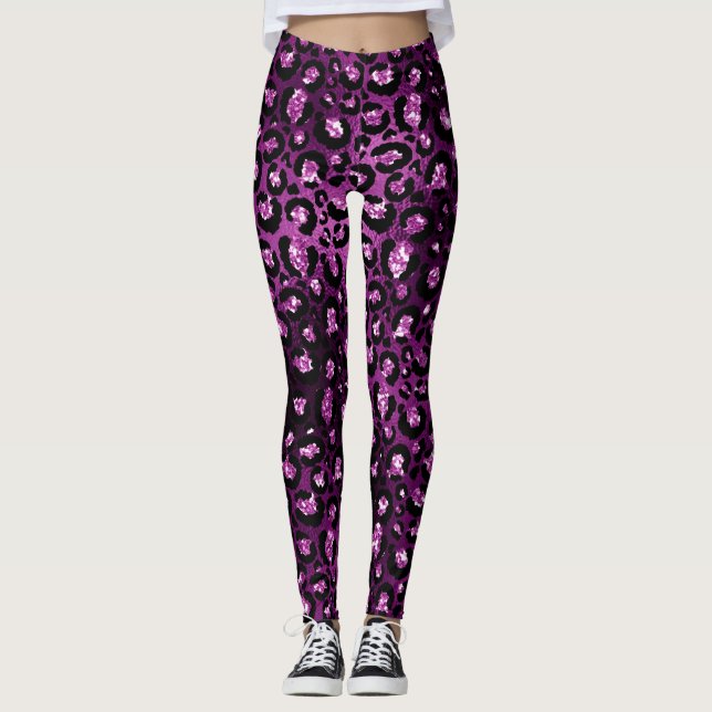 Lila Ombre- und Black Glam Glitzer Leopard Spots Leggings (Vorderseite)
