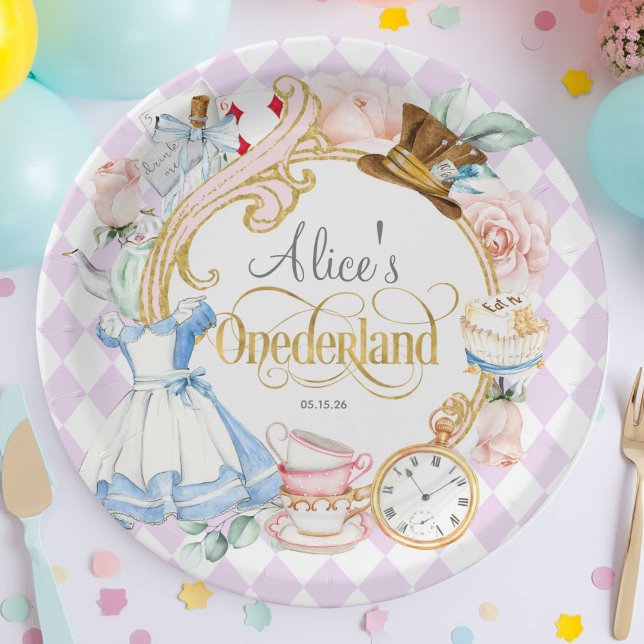 Lila, Onederland, Tea-Party, Mädchen 1. Geburtstag Pappteller (Purple, Alice Onederland, girl 1st birthday, Mad hatter tea party birthday paper plate.)