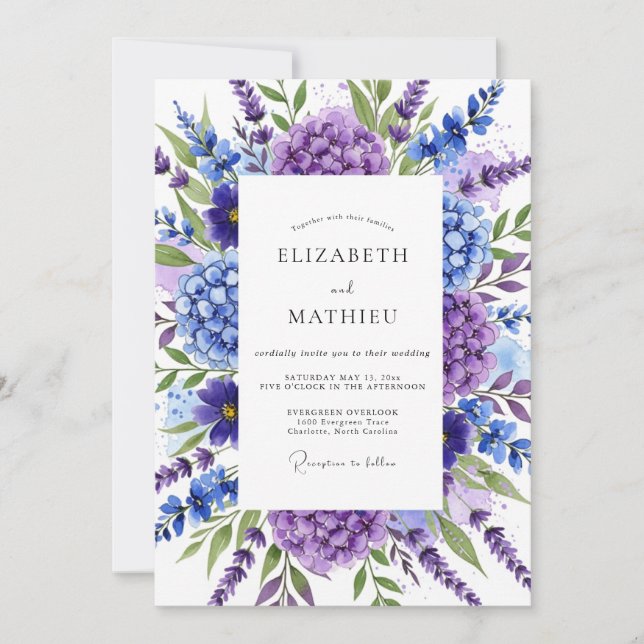 Lila opulente botanische Hochzeit Einladung (Vorderseite)