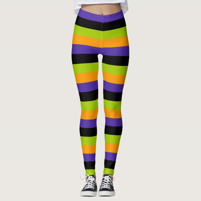Lila Orange Black Green Hexe Stripes Halloween Leggings (Vorderseite)
