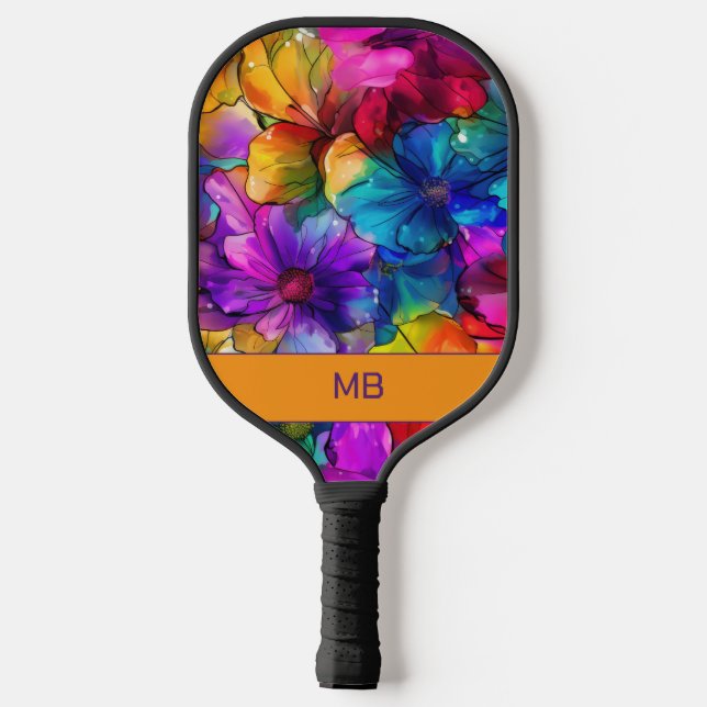Lila Orange Blue Alcohol Tinte Floral Monogramm Pickleball Schläger (Rückseite)