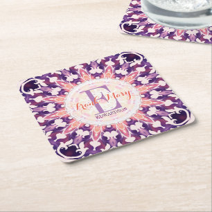 Lila Orange Bluebell Sun Monogram Paper Untersetze Rechteckiger Pappuntersetzer