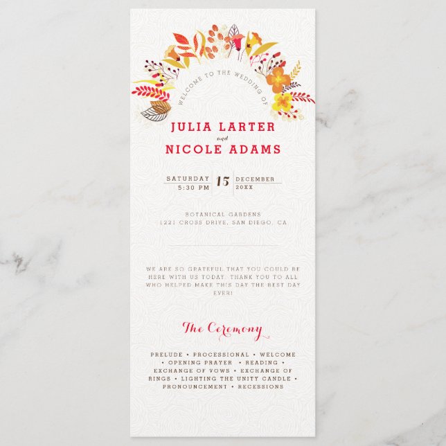 Lila Orange Boho Wildblume Foliage Hochzeit Programm (Vorderseite)