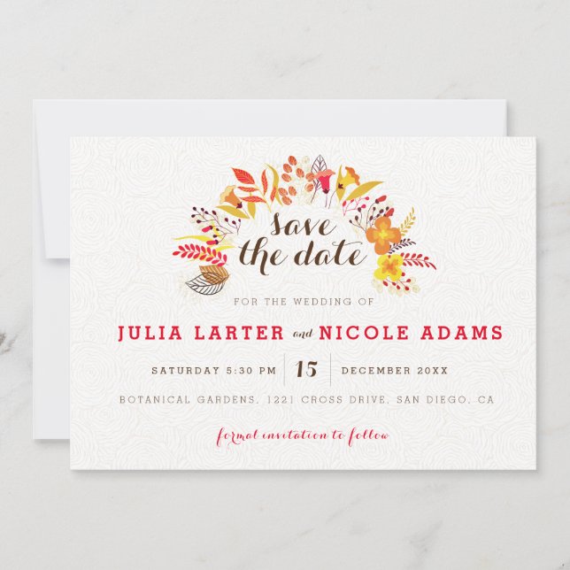 Lila Orange Boho Wildblume Foliage Hochzeit Save The Date (Vorderseite)