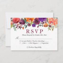 Lila Orange Burgundy Floral Wedding RSVP Karte