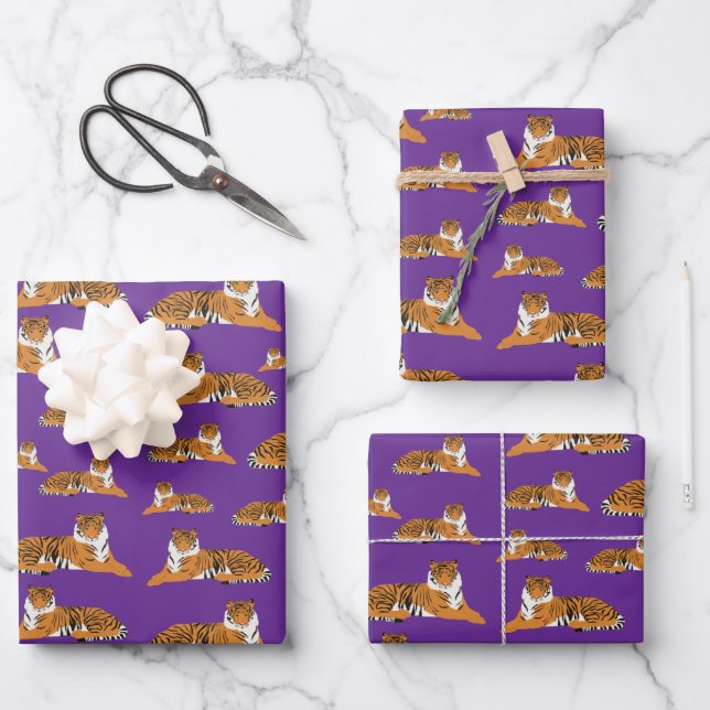 Lila Orange Dschungel Tiger Tier Muster Geschenkpapier Set (Vorderseite)