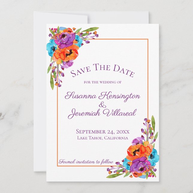 Lila Orange Floral Wasserfarbe Save the Date Pic (Vorderseite)