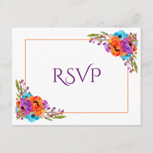 Lila Orange Floral Watercolor Wedding RSVP Einladungspostkarte
