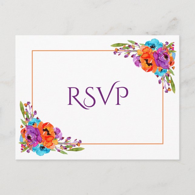 Lila Orange Floral Watercolor Wedding RSVP Einladungspostkarte (Vorderseite)