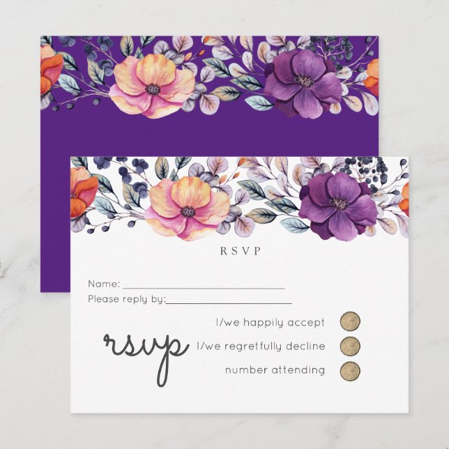 Lila Orange Floral Wedding RSVP Einladungspostkarte (Vorne/Hinten)