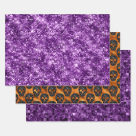 Lila Orange Glitter Totenkopf Halloween Muster Geschenkpapier Set