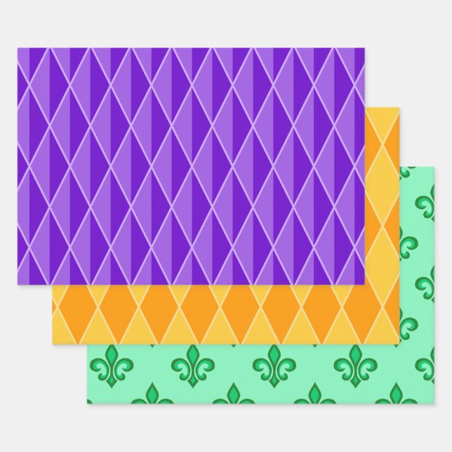 LILA ORANGE GREEN MARDI GRAS PATTERS GESCHENKPAPIER SET (Set)
