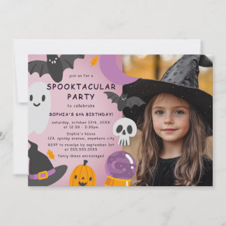 Lila Orange Halloween Kindergeburtstag Foto Einladung