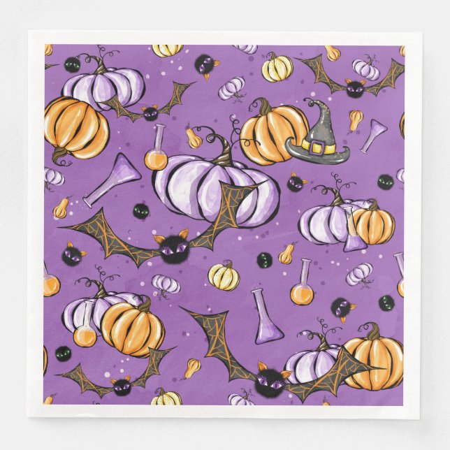 LILA ORANGE HALLOWEEN PUMPKINS UND SCHWARZE BATTEN SERVIETTE (Vorderseite)