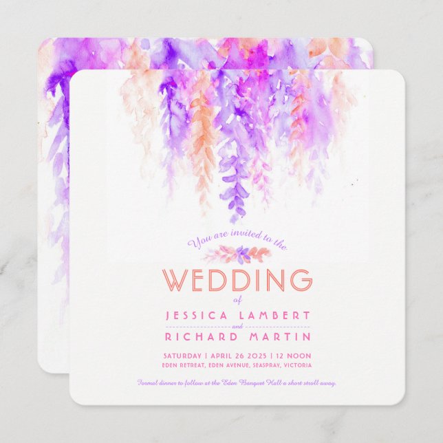 Lila orange  Hochzeitsfeier mit Wasserfarbe Einladung (Vorne/Hinten)