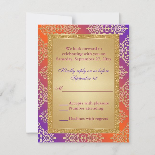 Lila Orange IMITATS Gold Glitzer, Damask RSVP Kart (Vorderseite)
