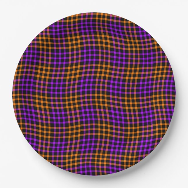 Lila Orange Karo Gingham Nahtloses Muster Pappteller (Vorderseite)