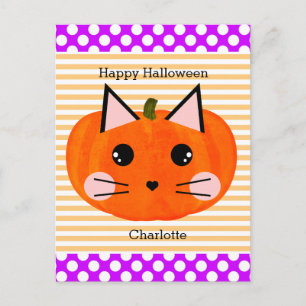 Lila Orange Pumpkin Cat Happy Halloween Postkarte
