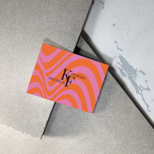 Lila Orange Retro Flüssig Groovy Streifenmuster Visitenkarte