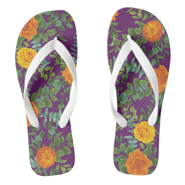 Lila Orange Rose Hochzeit Frühjahr Flip Flops (Fußbett)