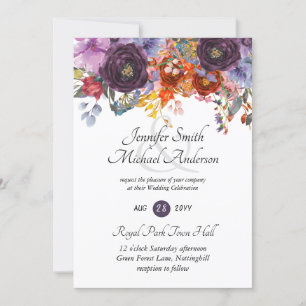Lila Orange Rosen Pflaume Florale Hochzeitseinladu Einladung