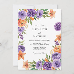 Lila-orange strahlende botanische Hochzeit Einladung