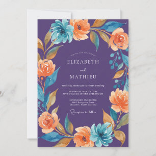 Lila Orange Türkis Florale Wasserfarben-Hochzeit Einladung