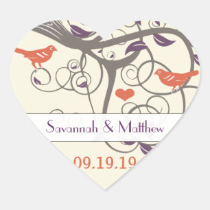 Lila Orange- und Grau-Swirl-Siegel für Hochzeiten Herz-Aufkleber