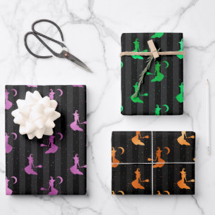 Lila, Orange und Grün Folie Hexen und Streifen Geschenkpapier Set